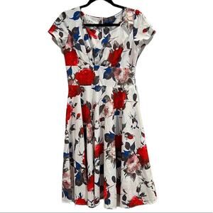 Blue Enchantress Pleated Dress Women's M White Floral Cap Sleeve Back Zip V-Neck